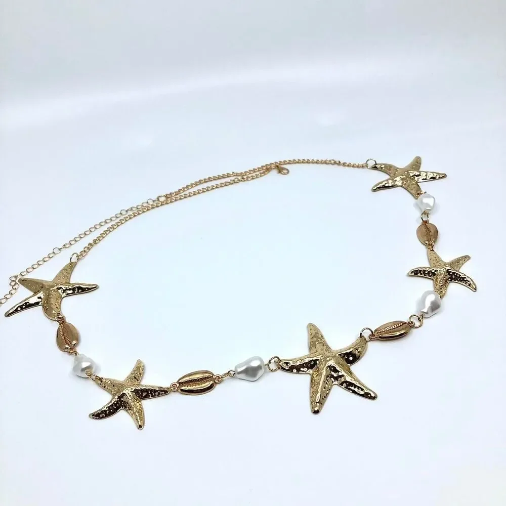 Y2K Mermaidcore Gold Starfish Shell Chain Belt, Fits 24–38 Inches, X7GA1157